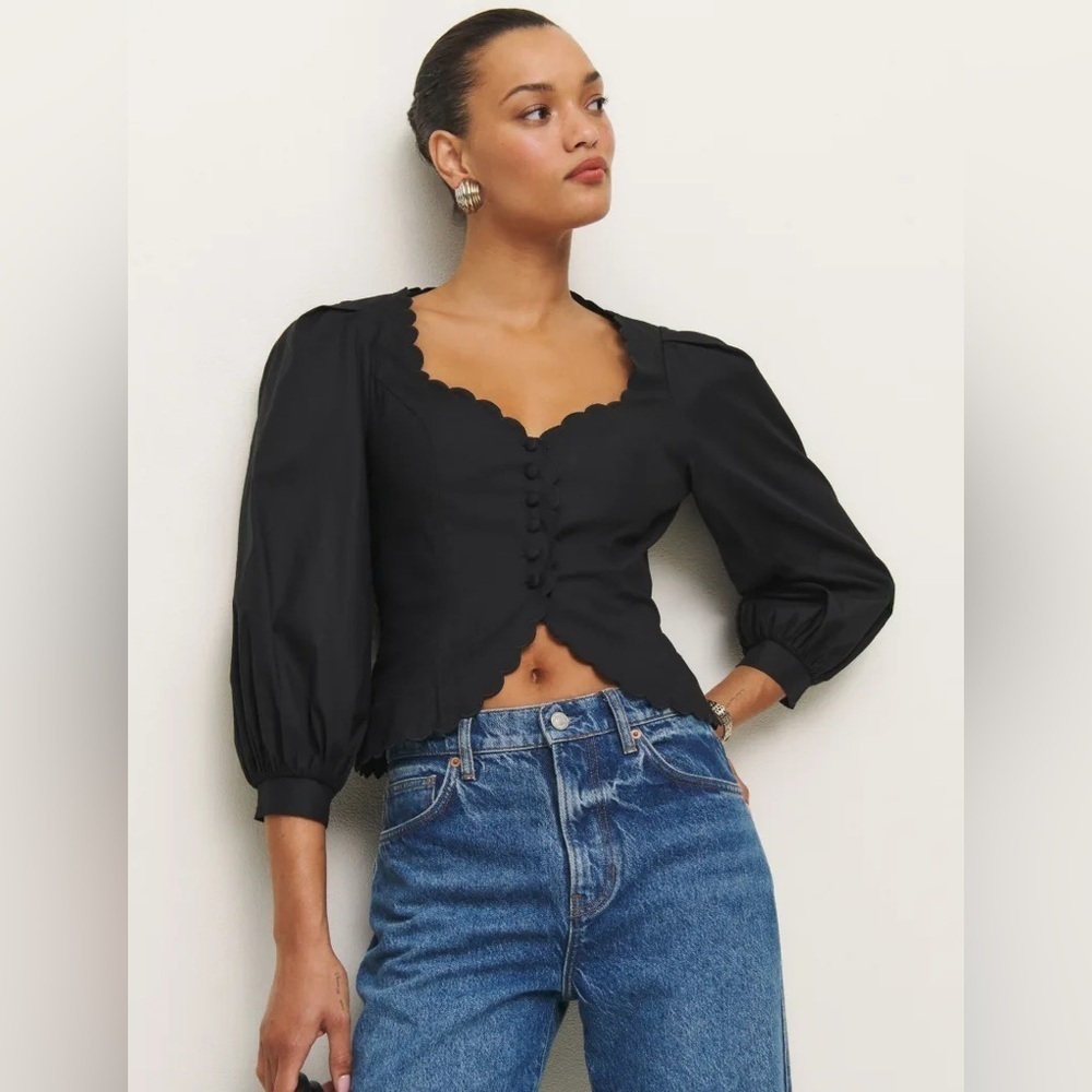 Reformation Black Scallop-Edge Button Front Blouse - Picture 7 of 13